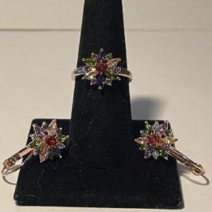 Rainbow Starburst Gemstone Fashion Ring SZ 8 & Earrings Set NEW